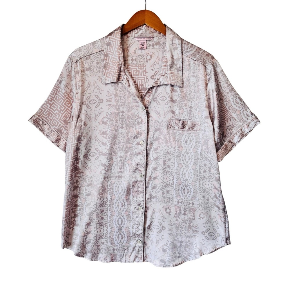 Victorias Secret XL Pink Glazed Satin Short Sleeve Romantic Pajama Top Sleepwear